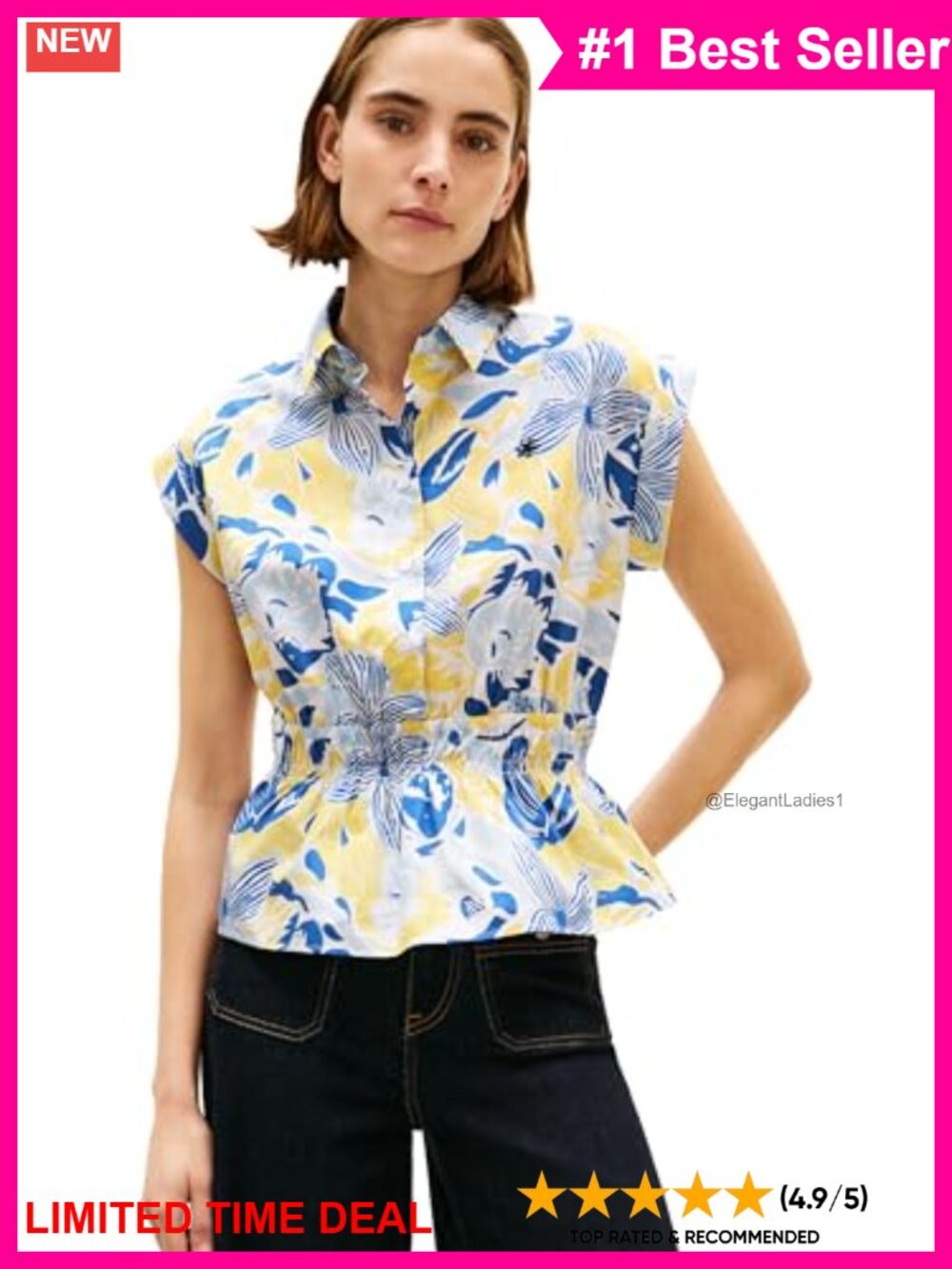Sleeveless Cotton Button Down Shirt Smocked Waist Peplum Top